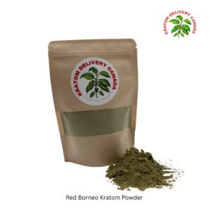 Kratom Delivery Canada kraft pouch of Red Borneo Kratom Powder with a mound of green kratom powder in front of it