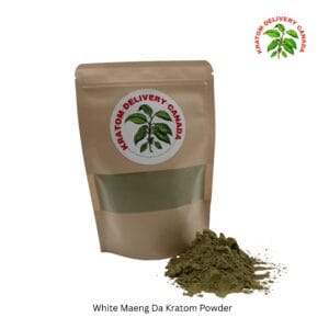 Kratom Delivery Canada kraft pouch of White Maeng Da Kratom Powder with a mound of green kratom powder in front of it