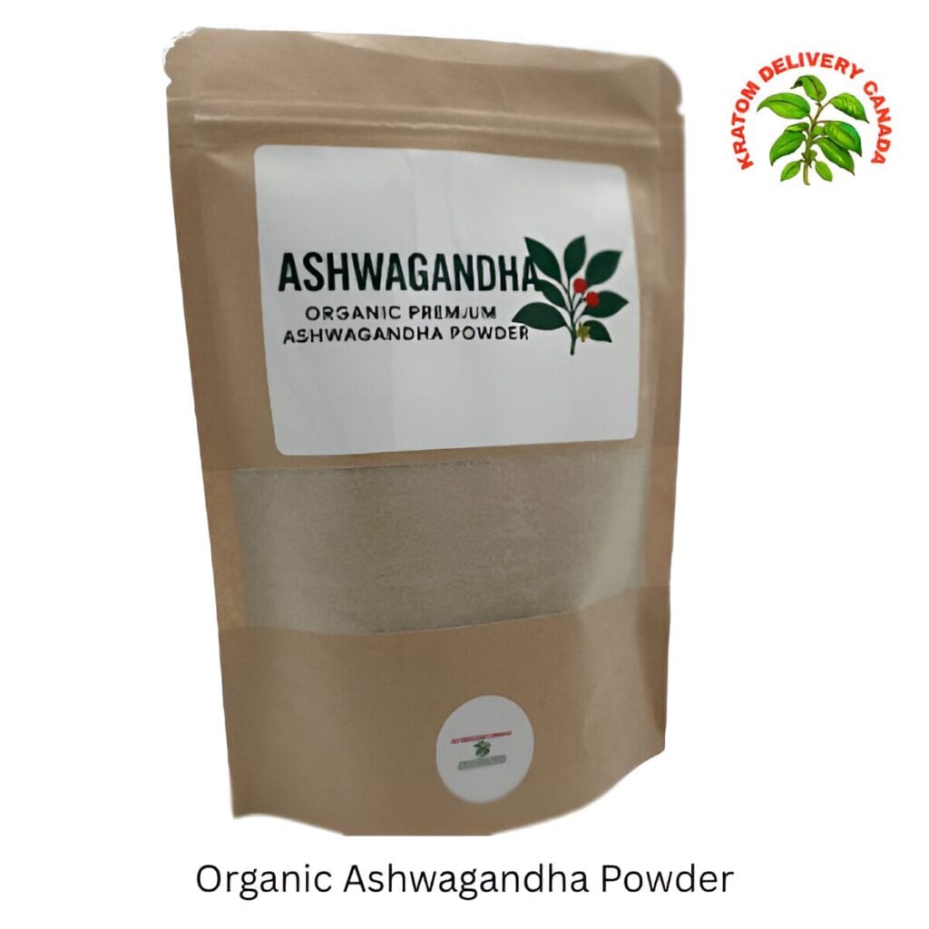 A kraft pouch with a white Ashwagandha label standing on a white background
