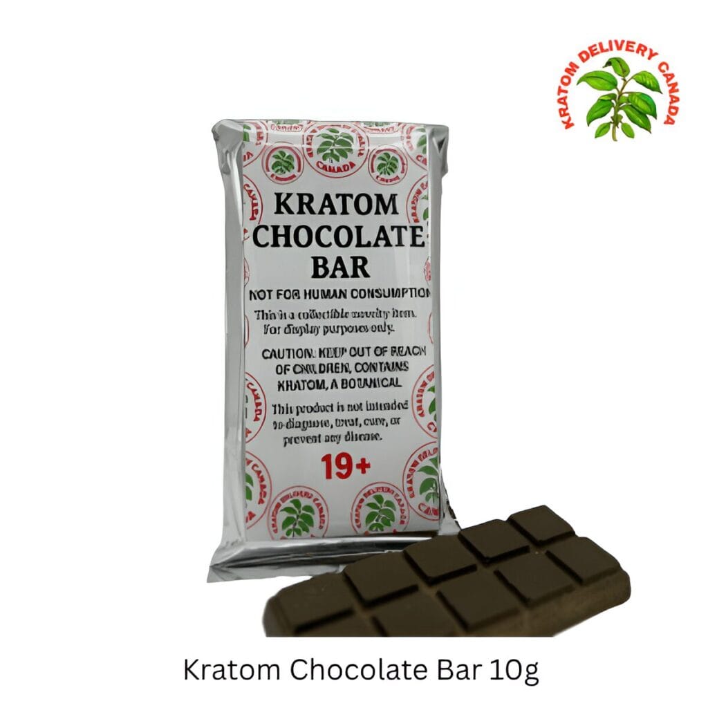 A printed Kratom Chocolate Bar wrapper standing behind an unwrapped bar of dark chocolate