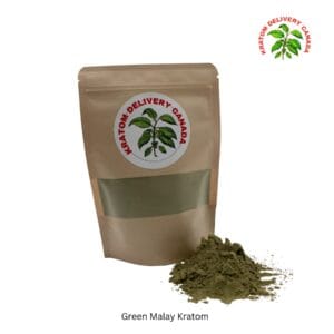 Kratom Delivery Canada kraft pouch of Green Malay Kratom with a mound of green kratom powder in front of it