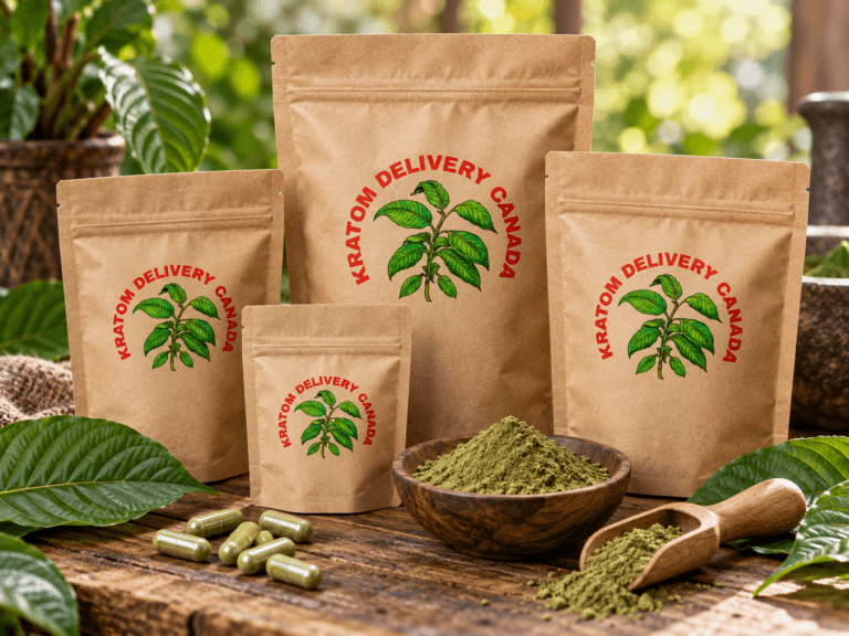 Kraft pouches of lab-tested kratom powder from Kratom Delivery Canada