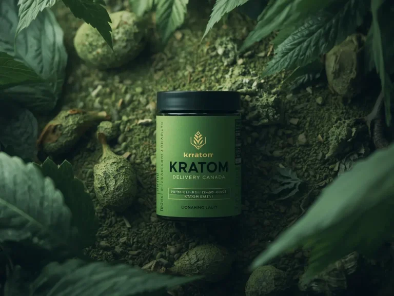 A dark green bottle labelled Kratom set among broad leaves and clumps of green powder