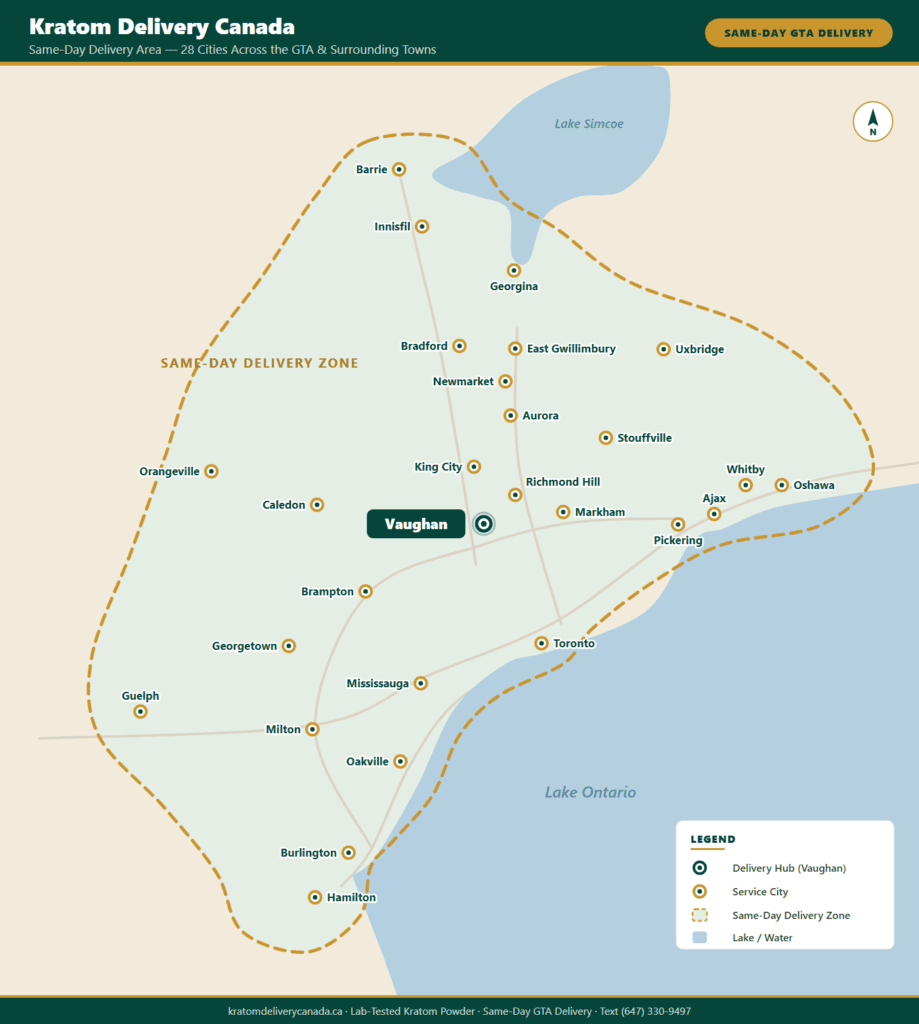 Map of the Kratom Delivery Canada same-day delivery zone covering 28 cities across the GTA and surrounding towns