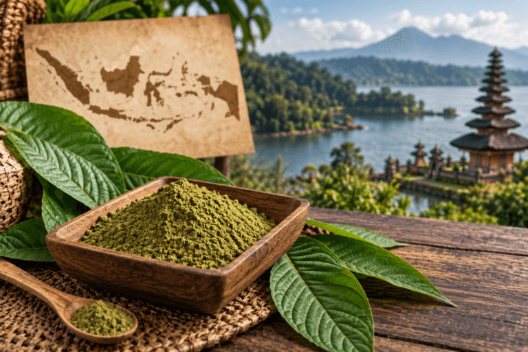 Kratom powder still life with an Indonesian landscape in the background