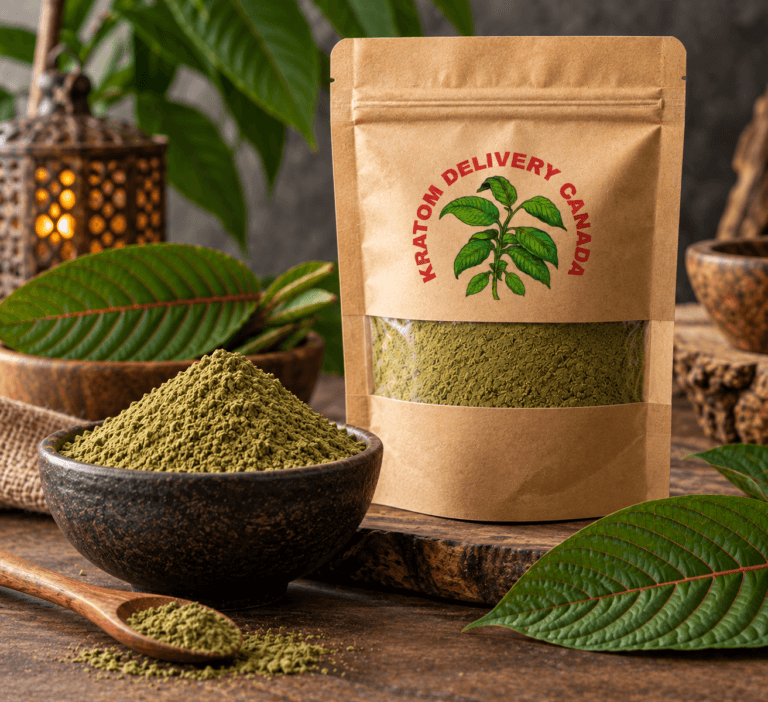 Red Maeng Da kratom powder in a rustic still life with a wooden bowl