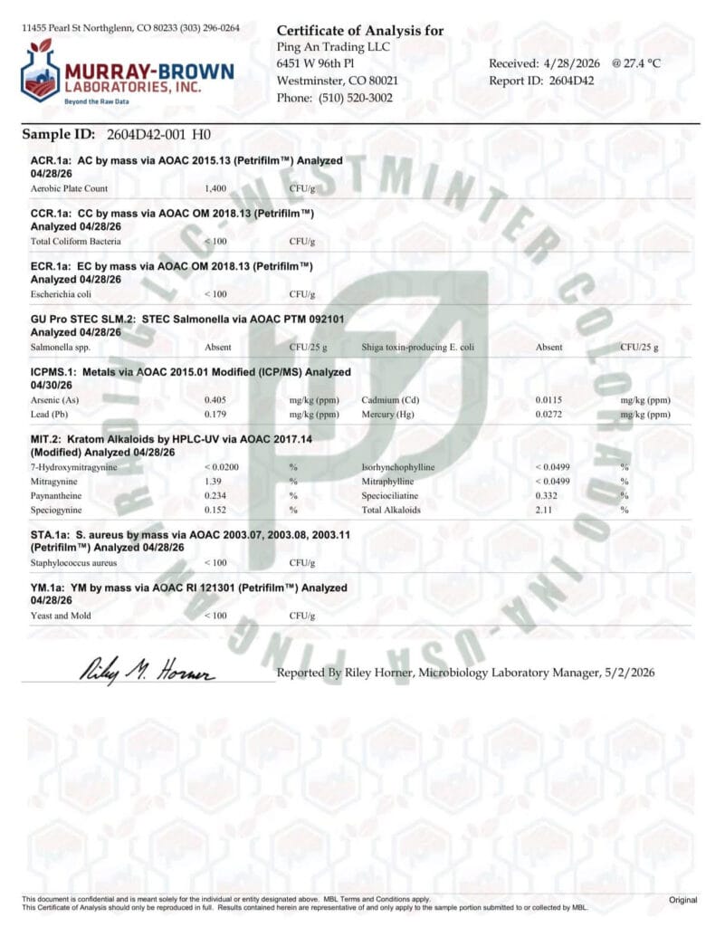 Kratom lab results: certificate of analysis 2604D42 from Murray-Brown Laboratories, issued May 2, 2026
